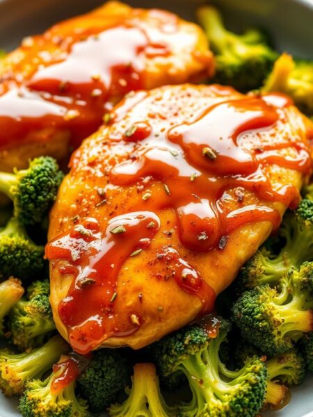 A beautifully presented honey garlic chicken dish, with mouthwatering glazed chicken breasts nestled atop a bed of crisp, vibrant broccoli florets. The chicken is golden-brown, with a shimmering honey-garlic sauce drizzled over the top, creating a perfect balance of sweet and savory flavors. The lighting is soft and warm, highlighting the dish's inviting and appetizing appearance. The camera angle is slightly elevated, giving a clean, uncluttered view of the delectable meal. The overall atmosphere is one of homemade comfort and culinary delight, perfect for an easy, satisfying weeknight dinner.