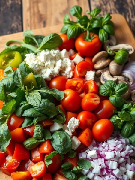 A bountiful collection of freshly chopped vegetables and herbs, glistening with a light film of olive oil, arranged artfully on a wooden cutting board. In the foreground, a vibrant array of bell peppers, cherry tomatoes, spinach leaves, and fragrant basil sprigs. In the middle ground, crumbled feta cheese, sliced mushrooms, and diced red onions. The background features a rustic, reclaimed wood surface, illuminated by soft, natural lighting that casts a warm, inviting glow. The overall mood is one of health, balance, and culinary inspiration, perfectly capturing the essence of a nourishing, vegetable-forward breakfast pizza.
