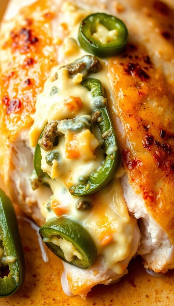 A close-up view of a tender, juicy chicken breast, stuffed with a creamy, spicy filling of roasted jalapeños, tangy cream cheese, and sharp cheddar. The chicken is lightly browned, with a crispy, golden-brown skin that glistens under soft, natural lighting. The filling oozes out slightly, revealing its vibrant green and orange hues, contrasting beautifully with the pale pink of the chicken meat. The scene is set against a warm, neutral background, allowing the dish to take center stage and tantalizing the viewer's senses with its mouthwatering appearance.