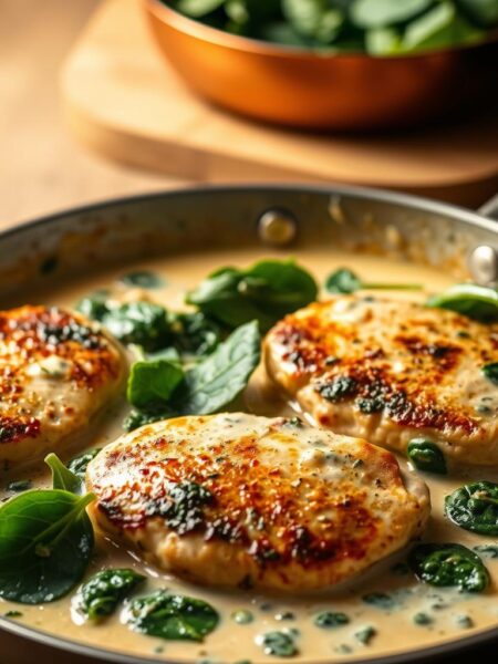 A creamy, fragrant spinach chicken skillet in warm, soft lighting. In the foreground, tender chicken breasts are seared to a golden-brown, nestled in a luscious, velvety spinach-and-cream sauce. The middle ground features fresh, vibrant spinach leaves wilting in the rich sauce. In the background, a copper-toned skillet rests on a wooden surface, suggesting a cozy, homemade meal. The lighting is soft and diffused, casting a comforting glow over the entire scene. The overall atmosphere is one of comfort, indulgence, and simple, wholesome deliciousness.