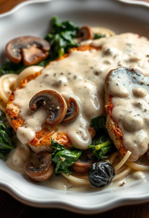 A delectable chicken alfredo dish with a twist - tender chicken breast, sautéed spinach, and earthy mushrooms, all coated in a rich, creamy alfredo sauce. The chicken is pan-seared to perfection, its juices mingling with the savory vegetables and the smooth, velvety sauce. The dish is presented on a white ceramic plate, the ingredients artfully arranged to showcase their vibrant colors and textures. Soft, ambient lighting casts a warm glow over the scene, creating an inviting and appetizing atmosphere. The overall composition is balanced and visually appealing, inviting the viewer to savor every bite of this flavorful and comforting dish.