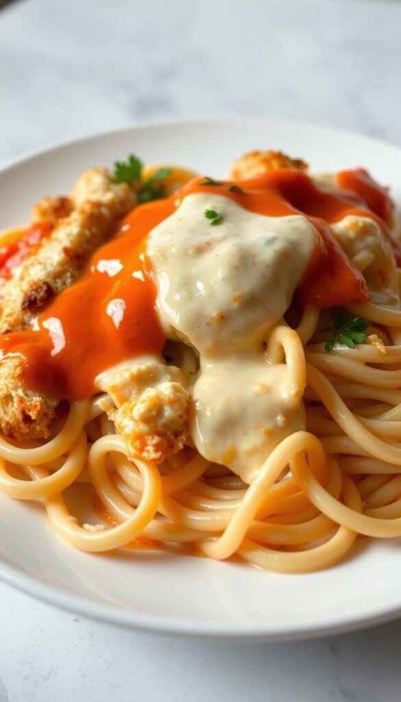 A delectable dish of creamy, rich Buffalo chicken Alfredo, simmering with tangy hot sauce, tender chicken, and al dente fettuccine pasta, all nestled atop a gleaming, elegant white plate. The chicken is lightly breaded and crispy, drizzled with a vibrant orange-red sauce that glistens under warm, golden lighting. The pasta is twirled and swirled, blanketed in a silky, cheese-infused sauce. The composition is balanced, with the chicken and pasta filling the frame, set against a softly blurred, minimalist background that lets the main ingredients shine. The overall mood is comforting, indulgent, and mouthwatering. A delectable dish of creamy, rich Buffalo chicken Alfredo, simmering with tangy hot sauce, tender chicken, and al dente fettuccine pasta, all nestled atop a gleaming, elegant white plate. The chicken is lightly breaded and crispy, drizzled with a vibrant orange-red sauce that glistens under warm, golden lighting. The pasta is twirled and swirled, blanketed in a silky, cheese-infused sauce. The composition is balanced, with the chicken and pasta filling the frame, set against a softly blurred, minimalist background that lets the main ingredients shine. The overall mood is comforting, indulgent, and mouthwatering.