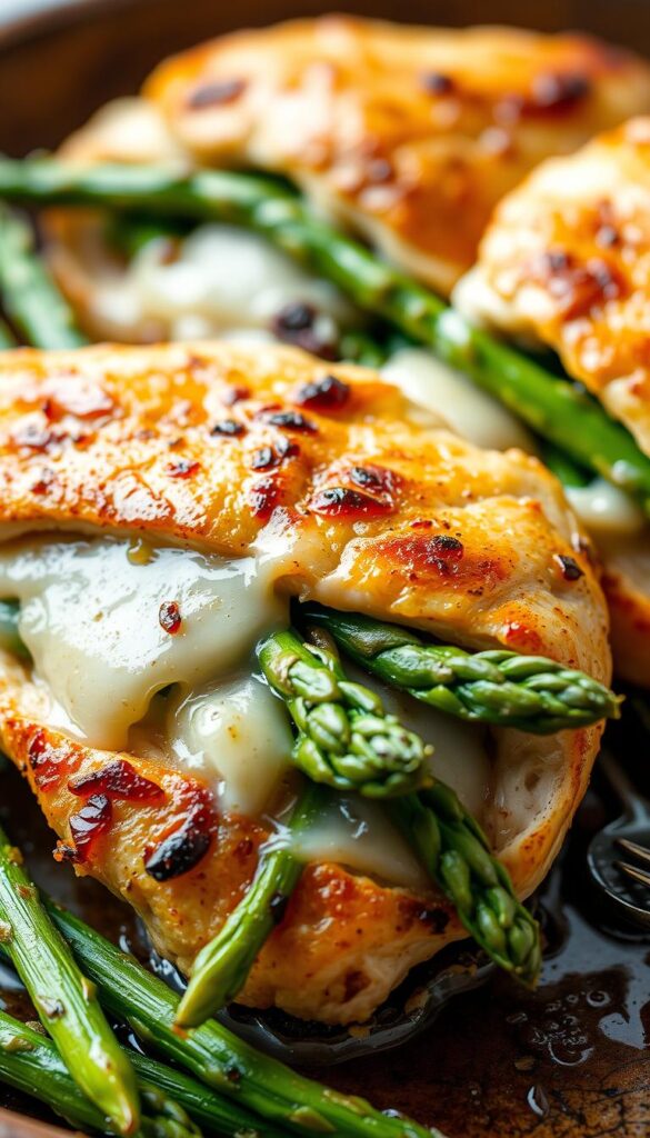 A delectable dish of golden-brown chicken breasts, perfectly stuffed with vibrant green asparagus spears and gooey, melted provolone cheese. The chicken is seared to a crisp, mouth-watering exterior, while the interior is juicy and bursting with the savory flavors of the filling. The image is captured in a warm, natural lighting, highlighting the tantalizing textures and colors of the dish. A shallow depth of field brings the stuffed chicken into sharp focus, while the blurred background suggests a rustic, homey setting. The overall composition is balanced and visually appealing, inviting the viewer to savor this tempting and comforting culinary creation. A delectable dish of golden-brown chicken breasts, perfectly stuffed with vibrant green asparagus spears and gooey, melted provolone cheese. The chicken is seared to a crisp, mouth-watering exterior, while the interior is juicy and bursting with the savory flavors of the filling. The image is captured in a warm, natural lighting, highlighting the tantalizing textures and colors of the dish. A shallow depth of field brings the stuffed chicken into sharp focus, while the blurred background suggests a rustic, homey setting. The overall composition is balanced and visually appealing, inviting the viewer to savor this tempting and comforting culinary creation.