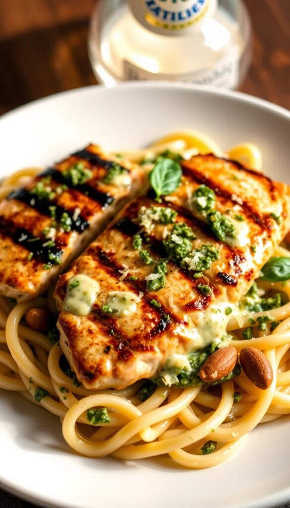 A delectable dish of pesto chicken alfredo, featuring tender grilled chicken breasts nestled on a bed of al dente fettuccine, all coated in a rich, creamy alfredo sauce infused with the fragrant notes of fresh basil pesto. The chicken is juicy and charred, complemented by the velvety texture of the pasta and the vibrant green hues of the pesto. Toasted pine nuts add a delightful crunch, while shredded parmesan cheese lends a savory, salty finish. Soft lighting from overhead illuminates the enticing meal, casting warm, appetizing shadows across the plate. The overall scene evokes a cozy, inviting atmosphere, perfect for a comforting Italian-inspired dinner. A delectable dish of pesto chicken alfredo, featuring tender grilled chicken breasts nestled on a bed of al dente fettuccine, all coated in a rich, creamy alfredo sauce infused with the fragrant notes of fresh basil pesto. The chicken is juicy and charred, complemented by the velvety texture of the pasta and the vibrant green hues of the pesto. Toasted pine nuts add a delightful crunch, while shredded parmesan cheese lends a savory, salty finish. Soft lighting from overhead illuminates the enticing meal, casting warm, appetizing shadows across the plate. The overall scene evokes a cozy, inviting atmosphere, perfect for a comforting Italian-inspired dinner.