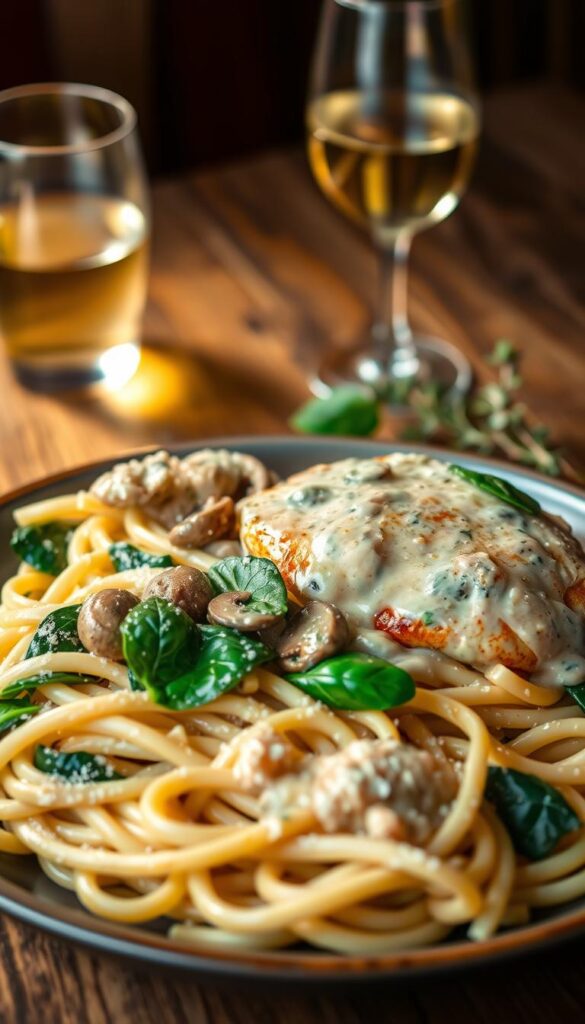 A delectable plate of spinach and mushroom chicken Alfredo, beautifully presented. In the foreground, tender chicken breasts are nestled atop a bed of al dente penne pasta, smothered in a rich, creamy Alfredo sauce. Sautéed mushrooms and fresh spinach leaves add a vibrant pop of color and earthy flavor. The middle ground showcases a tangle of al dente linguine, coated in the same indulgent Alfredo sauce, sprinkled with grated Parmesan cheese. In the background, a rustic wooden table sets the scene, with a glass of white wine and a sprig of fresh thyme adding a touch of elegance. Warm, golden lighting casts a cozy glow, highlighting the inviting textures and mouthwatering details of this delicious dish. A delectable plate of spinach and mushroom chicken Alfredo, beautifully presented. In the foreground, tender chicken breasts are nestled atop a bed of al dente penne pasta, smothered in a rich, creamy Alfredo sauce. Sautéed mushrooms and fresh spinach leaves add a vibrant pop of color and earthy flavor. The middle ground showcases a tangle of al dente linguine, coated in the same indulgent Alfredo sauce, sprinkled with grated Parmesan cheese. In the background, a rustic wooden table sets the scene, with a glass of white wine and a sprig of fresh thyme adding a touch of elegance. Warm, golden lighting casts a cozy glow, highlighting the inviting textures and mouthwatering details of this delicious dish.