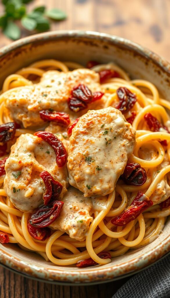 A mouth-watering sun-dried tomato chicken Alfredo dish served in a rustic ceramic bowl. The tender chicken is bathed in a rich, creamy Alfredo sauce, accented by the bold, tangy flavor of sun-dried tomatoes. Delicate strands of al dente fettuccine are nestled among the chicken and sauce, creating a harmonious blend of textures. The lighting is soft and warm, highlighting the dish's vibrant colors and enticing aromas. Viewed from a slightly elevated angle, the scene exudes a cozy, homemade ambiance, inviting the viewer to dive in and savor every bite. A mouth-watering sun-dried tomato chicken Alfredo dish served in a rustic ceramic bowl. The tender chicken is bathed in a rich, creamy Alfredo sauce, accented by the bold, tangy flavor of sun-dried tomatoes. Delicate strands of al dente fettuccine are nestled among the chicken and sauce, creating a harmonious blend of textures. The lighting is soft and warm, highlighting the dish's vibrant colors and enticing aromas. Viewed from a slightly elevated angle, the scene exudes a cozy, homemade ambiance, inviting the viewer to dive in and savor every bite.