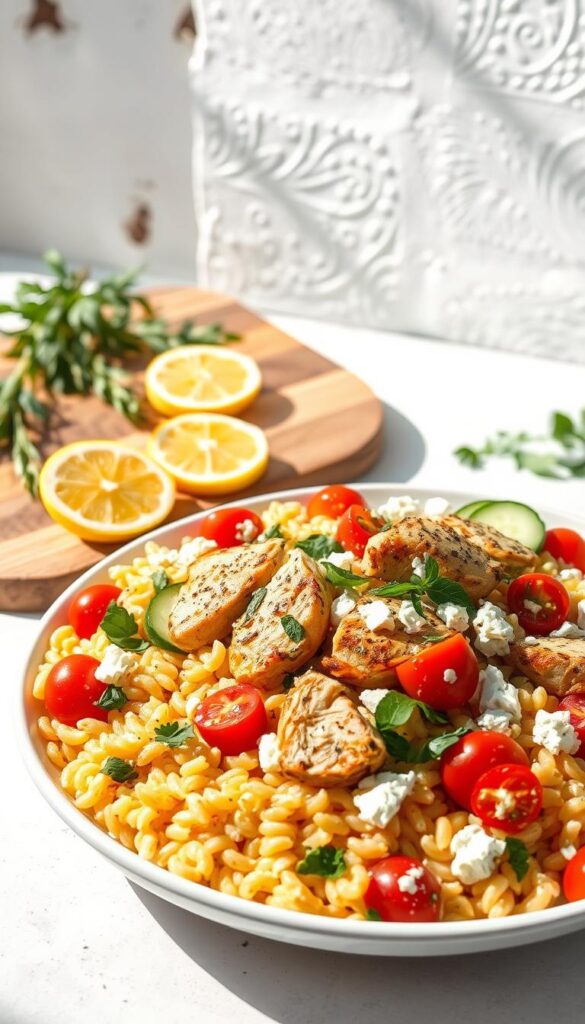 A mouthwatering Greek Chicken Orzo Salad set against a bright, sun-dappled backdrop. In the foreground, a bountiful plate showcases tender, herb-seasoned chicken pieces nestled atop a bed of al dente orzo pasta, tossed with vibrant cherry tomatoes, crisp cucumber slices, tangy feta crumbles, and fragrant fresh herbs. The middle ground features a wooden serving board with sliced lemons and sprigs of aromatic oregano, while the background depicts a rustic, whitewashed wall, exuding a Mediterranean ambiance. Soft, directional lighting caresses the scene, highlighting the dish's vibrant colors and enticing textures, inviting the viewer to savor the refreshing, flavor-packed creation.