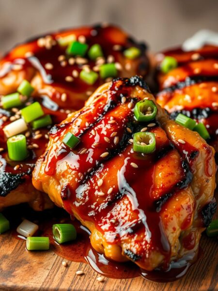 A mouthwatering close-up of succulent honey soy grilled chicken thighs, sizzling with a golden-brown crust and glistening with a sticky, caramelized glaze. The thighs are arranged artfully on a rustic wooden cutting board, their tender flesh contrasting with the charred, charcoal-kissed edges. Vibrant green scallions and toasted sesame seeds add pops of color and texture, while a drizzle of the savory, umami-rich sauce completes the dish. Warm, ambient lighting casts a cozy glow, highlighting the juicy, flavorful chicken against a minimalist, neutral background, creating an image that exudes the perfect balance of comfort and culinary excellence.