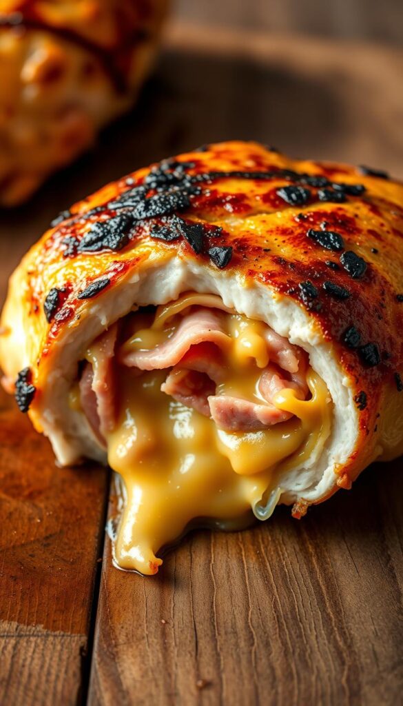 A mouthwatering ham and cheese stuffed chicken breast, seared to a golden-brown finish and cooked to perfection. The skin is crispy, while the juicy interior is filled with a melted blend of savory ham and gooey cheddar cheese. Served on a rustic wooden surface, the dish is lit by soft, warm lighting, casting gentle shadows and highlights that accentuate the succulent textures. The composition places the chicken at the center, allowing the viewer to admire the cross-section revealing the delicious filling. An elegant, appetizing scene that captures the essence of a delightful ham and cheese stuffed chicken dish. A mouthwatering ham and cheese stuffed chicken breast, seared to a golden-brown finish and cooked to perfection. The skin is crispy, while the juicy interior is filled with a melted blend of savory ham and gooey cheddar cheese. Served on a rustic wooden surface, the dish is lit by soft, warm lighting, casting gentle shadows and highlights that accentuate the succulent textures. The composition places the chicken at the center, allowing the viewer to admire the cross-section revealing the delicious filling. An elegant, appetizing scene that captures the essence of a delightful ham and cheese stuffed chicken dish.