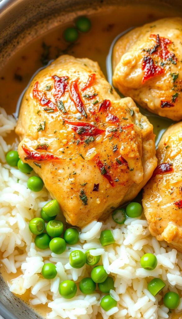 A mouthwatering lemon herb chicken and rice skillet, with tender, juicy chicken thighs simmered in a fragrant broth of fresh lemon juice, garlic, and earthy herbs like thyme and rosemary. The chicken is nestled atop a bed of fluffy, steaming white rice, creating a harmonious, comforting dish. Vibrant green peas and sliced scallions add pops of color and freshness, while a light, creamy sauce coats everything in a delectable, glossy sheen. The scene is bathed in warm, natural lighting, highlighting the appetizing textures and making the dish look irresistible. The overall presentation is simple yet elegant, perfect for a quick, satisfying weeknight meal. A mouthwatering lemon herb chicken and rice skillet, with tender, juicy chicken thighs simmered in a fragrant broth of fresh lemon juice, garlic, and earthy herbs like thyme and rosemary. The chicken is nestled atop a bed of fluffy, steaming white rice, creating a harmonious, comforting dish. Vibrant green peas and sliced scallions add pops of color and freshness, while a light, creamy sauce coats everything in a delectable, glossy sheen. The scene is bathed in warm, natural lighting, highlighting the appetizing textures and making the dish look irresistible. The overall presentation is simple yet elegant, perfect for a quick, satisfying weeknight meal.