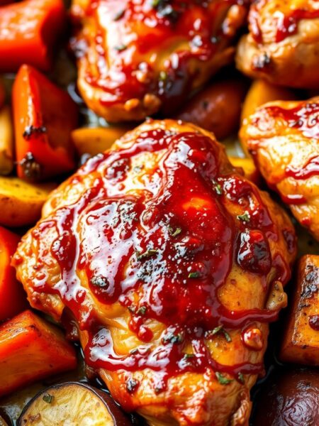 A mouthwatering one-pan meal featuring tender, juicy barbecue-glazed chicken thighs nestled alongside roasted vegetables. The chicken is crispy-skinned and glistening with a sticky-sweet sauce, complemented by a medley of brightly-colored peppers, zucchini, and onions. The scene is bathed in warm, golden light, casting a cozy, rustic atmosphere. The composition is balanced, with the chicken as the focal point, surrounded by the arrangement of vibrant veggies. The overall impression is one of effortless, comforting, and delicious home-cooked goodness.