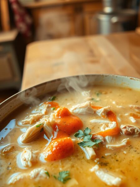 A steaming bowl of creamy, shredded chicken soup, simmered with aromatic herbs and spices. The foreground features the soup's rich, velvety texture, with shredded chicken and vegetables suspended in the golden broth. In the middle ground, a drizzle of tangy buffalo sauce swirls through the soup, adding a bold kick of flavor. The background is a warm, cozy kitchen scene, with the soft glow of a rustic wooden table and the subtle hues of a vintage countertop. The lighting is soft and diffused, creating a comforting, homey atmosphere. Captured with a wide-angle lens, the image showcases the hearty, satisfying nature of this buffalo-inspired shredded chicken soup.