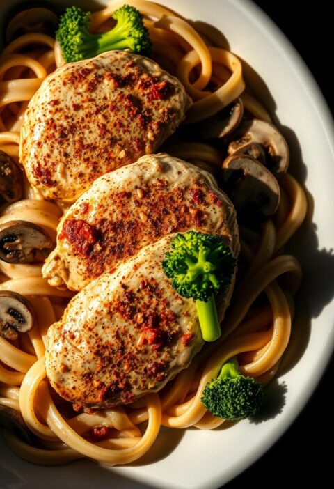A steaming plate of Cajun Chicken Alfredo, with juicy, spice-rubbed chicken breasts nestled in a rich, creamy garlic-infused sauce. Vibrant green broccoli florets and sliced mushrooms add pops of color and texture, while a dusting of cayenne pepper lends a subtle heat. The fettuccine noodles are perfectly al dente, twirling around the succulent chicken. Dramatic side lighting casts dramatic shadows, highlighting the dish's tempting details. The overall scene exudes a cozy, indulgent atmosphere, inviting the viewer to dive into this delectable Cajun twist on a classic Chicken Alfredo.