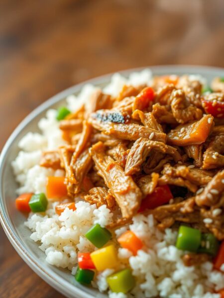 A steaming plate of chicken fried rice, with tender shredded chicken in a savory soy and garlic sauce, nestled among fluffy white rice, colorful diced vegetables, and a scatter of sesame seeds. The scene is captured in a warm, natural lighting, with a shallow depth of field that focuses the viewer's attention on the delectable dish. The image has a mouthwatering, appetizing quality, inviting the viewer to imagine the satisfying textures and flavors of this simple yet flavorful meal.