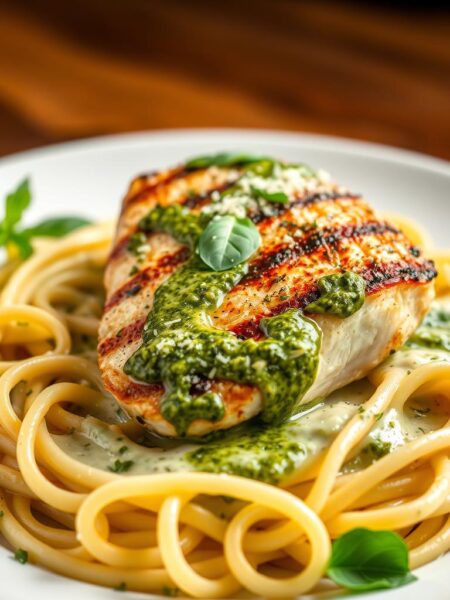 A succulent chicken breast, perfectly grilled and bathed in a rich, creamy pesto alfredo sauce, sits atop a bed of al dente fettuccine noodles. Glistening green pesto swirls through the silky sauce, accented by the occasional pop of vibrant basil leaves. The dish is presented on a white ceramic plate, the lighting casting a warm, golden glow that highlights the dish's mouthwatering textures and colors. A sprinkling of freshly grated parmesan cheese and a sprinkle of chopped parsley add the final touches to this visually stunning and appetite-whetting Pesto Chicken Alfredo.