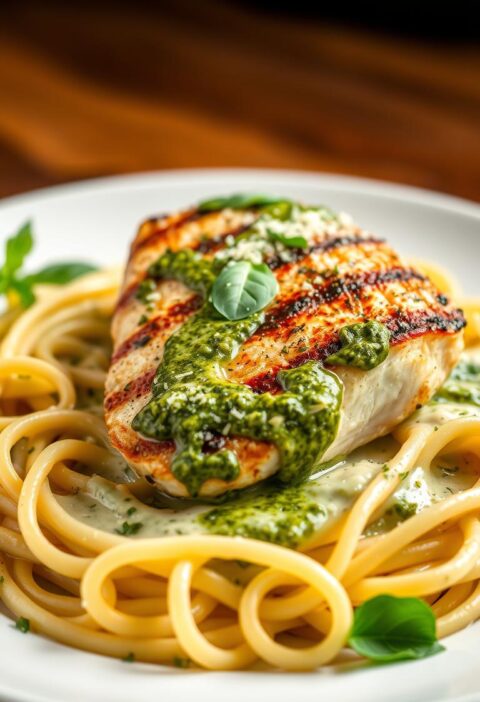 A succulent chicken breast, perfectly grilled and bathed in a rich, creamy pesto alfredo sauce, sits atop a bed of al dente fettuccine noodles. Glistening green pesto swirls through the silky sauce, accented by the occasional pop of vibrant basil leaves. The dish is presented on a white ceramic plate, the lighting casting a warm, golden glow that highlights the dish's mouthwatering textures and colors. A sprinkling of freshly grated parmesan cheese and a sprinkle of chopped parsley add the final touches to this visually stunning and appetite-whetting Pesto Chicken Alfredo.