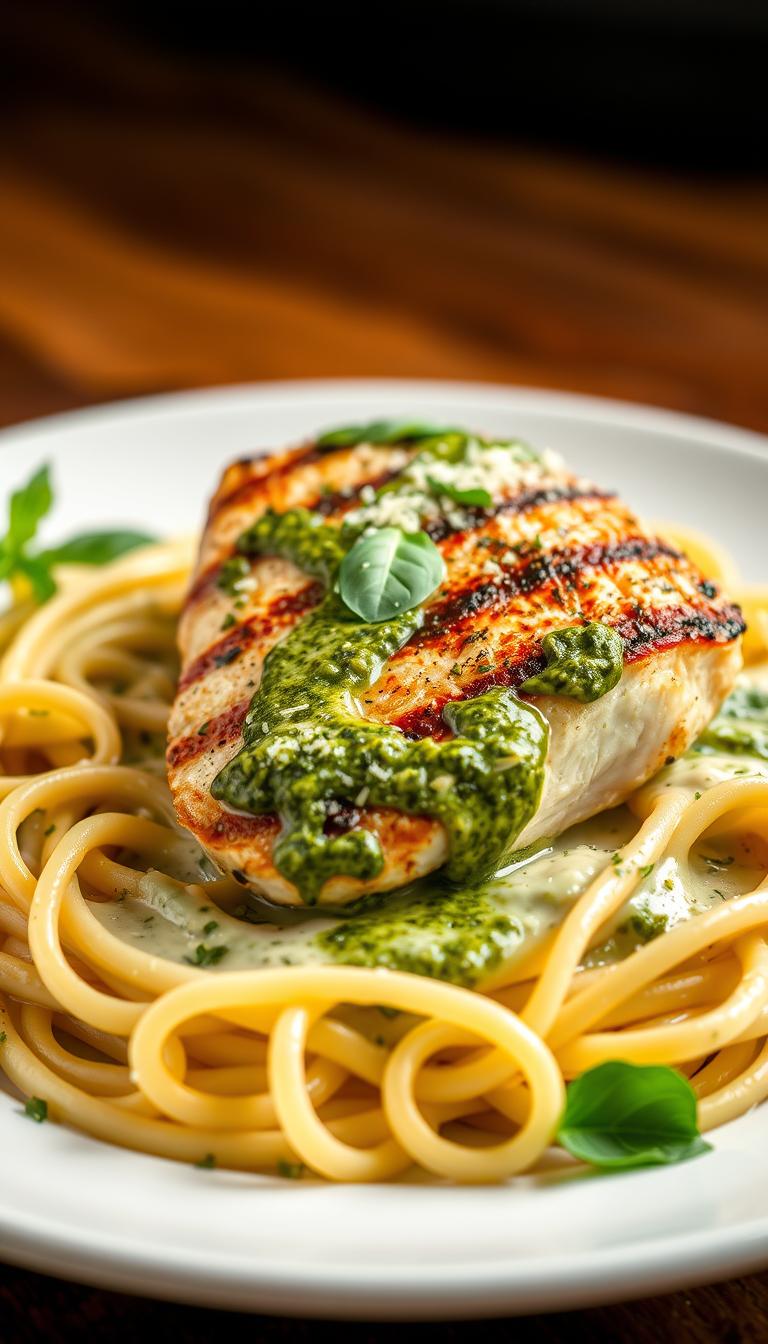 A succulent chicken breast, perfectly grilled and bathed in a rich, creamy pesto alfredo sauce, sits atop a bed of al dente fettuccine noodles. Glistening green pesto swirls through the silky sauce, accented by the occasional pop of vibrant basil leaves. The dish is presented on a white ceramic plate, the lighting casting a warm, golden glow that highlights the dish's mouthwatering textures and colors. A sprinkling of freshly grated parmesan cheese and a sprinkle of chopped parsley add the final touches to this visually stunning and appetite-whetting Pesto Chicken Alfredo.