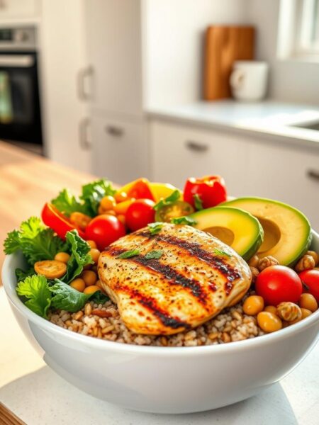 A vibrant and nourishing Chicken and Quinoa Power Bowl, basking in warm natural lighting. In the foreground, a succulent grilled chicken breast nestled atop a bed of fluffy quinoa, adorned with a rainbow of fresh vegetables - crisp kale, juicy cherry tomatoes, crunchy bell peppers, and earthy chickpeas. The middle ground features an array of superfood garnishes, including sliced avocado, toasted pumpkin seeds, and a drizzle of tangy lemon vinaigrette. The background showcases a clean, minimalist kitchen counter, with a glimpse of a bright window letting in the soft, golden glow. The overall composition exudes a sense of wholesome, heart-healthy indulgence.