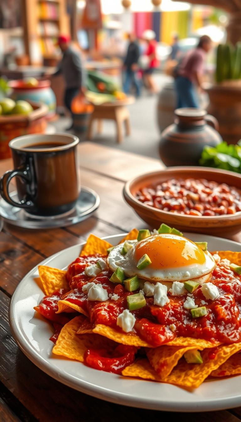 A vibrant, appetizing scene of Mexican chilaquiles, a classic breakfast dish. In the foreground, a plate of crispy tortilla chips drenched in a lively red enchilada sauce, topped with crumbled queso fresco, diced avocado, and a freshly fried egg with a golden runny yolk. The middle ground features a rustic wooden table, with a steaming mug of strong Mexican coffee and a side of refried beans in a traditional clay dish. In the background, a glimpse of a lively Mexican market, with colorful produce and woven baskets. Warm, natural lighting illuminates the scene, capturing the rich, mouthwatering textures and flavors of this international breakfast delight.