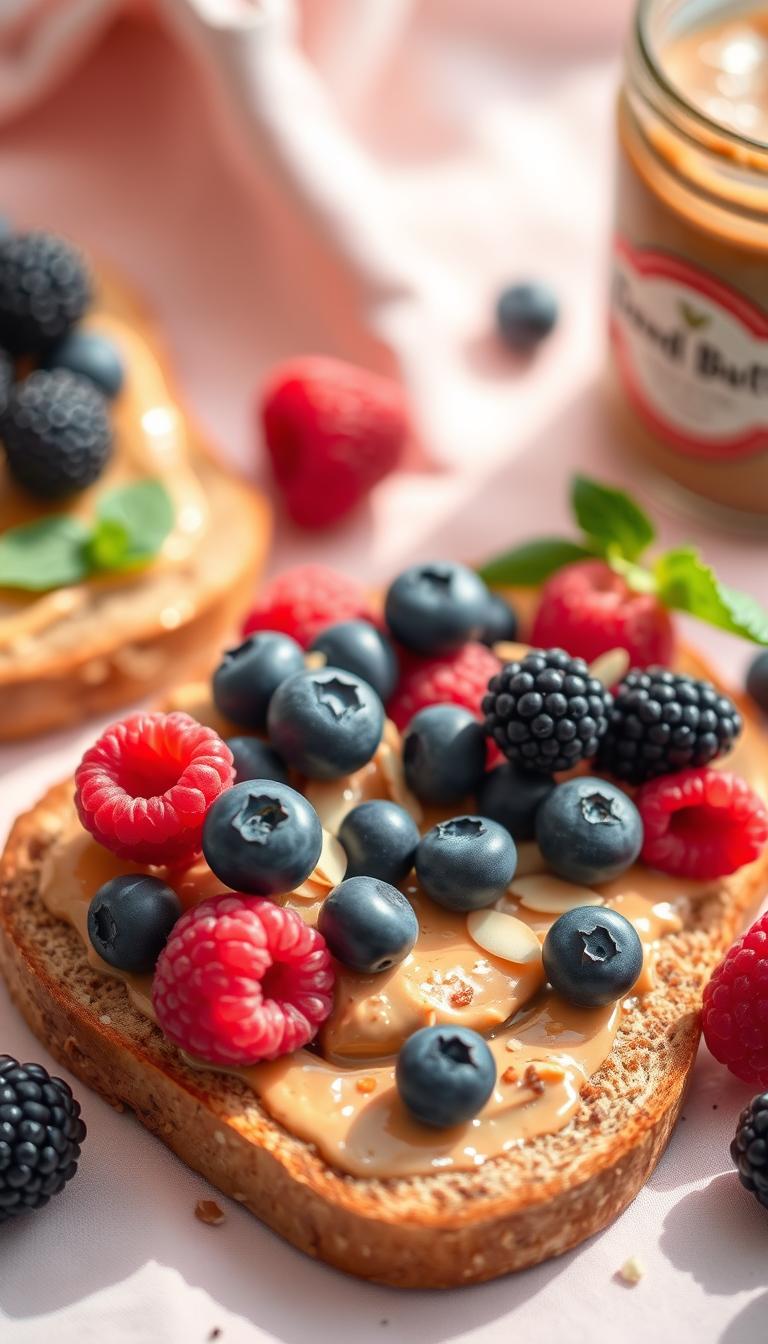 A vibrant, mouthwatering arrangement of healthy breakfast options, featuring a slice of toasted whole-grain bread, generously spread with creamy almond butter and topped with an assortment of fresh, juicy berries - succulent blueberries, raspberries, and blackberries. The scene is bathed in warm, natural lighting, casting a soft, inviting glow across the scene. The composition is carefully balanced, with the toast positioned in the foreground, the berries cascading artfully across the surface, and a subtle backdrop of pastel-colored linens or tabletop. The overall mood is one of wholesome, nourishing simplicity, perfectly capturing the essence of the "Almond Butter & Berry Toast" section.