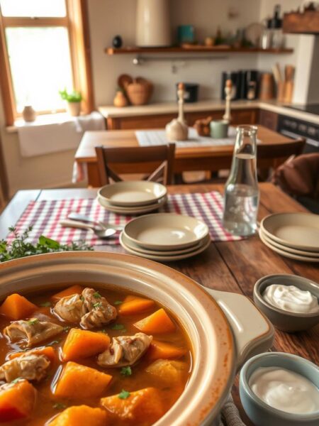 A warm, rustic scene of Slow Cooker Chicken and Sweet Potatoes. In the foreground, a hearty stew bubbles in a large ceramic slow cooker, the tender chicken and vibrant orange sweet potatoes swimming in a rich, savory broth. Scattered around the cooker are fresh herbs, a wooden spoon, and a small bowl of thick, creamy yogurt. In the middle ground, a wooden table is set with a checkered cloth, simple ceramic plates, and a carafe of water, inviting the viewer to sit down and enjoy the comforting meal. The background features a cozy, country-style kitchen, with exposed beams, a farmhouse sink, and warm, natural lighting filtering in through a window. The overall mood is one of homey, hearty satisfaction.