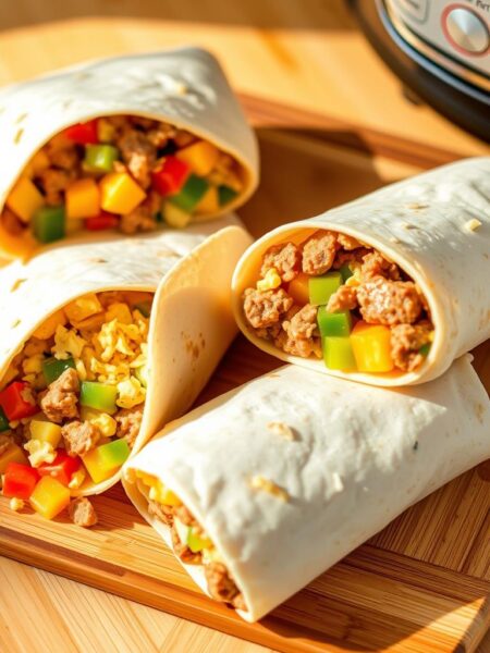 Appetizing Instant Pot breakfast burritos on a wooden cutting board, with fresh ingredients such as scrambled eggs, diced bell peppers, crumbled sausage, and shredded cheese. The burritos are wrapped in warm, soft tortillas, ready to be frozen for later enjoyment. Warm, natural lighting casts a cozy glow, highlighting the texture and vibrant colors of the ingredients. The composition is clean and inviting, capturing the make-ahead convenience and freezer-friendly nature of these delicious breakfast meals.