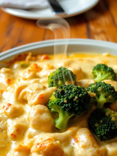 Broccoli florets nestled atop a creamy chicken Alfredo bake, baked to golden perfection. The foreground features a generous serving of the casserole, steam rising from the bubbly, cheese-topped dish. In the middle ground, tender chicken breast pieces and vibrant broccoli contrast beautifully against the rich, velvety Alfredo sauce. The background showcases a rustic, wooden table setting, with a plate, fork, and napkin arranged neatly. Warm, soft lighting casts a cozy, inviting atmosphere, accentuating the comforting, homemade nature of this delectable dish.