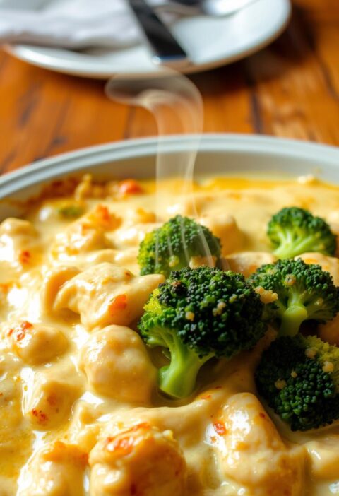 Broccoli florets nestled atop a creamy chicken Alfredo bake, baked to golden perfection. The foreground features a generous serving of the casserole, steam rising from the bubbly, cheese-topped dish. In the middle ground, tender chicken breast pieces and vibrant broccoli contrast beautifully against the rich, velvety Alfredo sauce. The background showcases a rustic, wooden table setting, with a plate, fork, and napkin arranged neatly. Warm, soft lighting casts a cozy, inviting atmosphere, accentuating the comforting, homemade nature of this delectable dish.