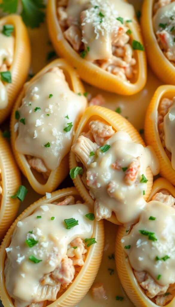 Delectable chicken Alfredo stuffed shells, arranged in a tempting display. The plump, al dente pasta shells are filled with a creamy, cheesy chicken mixture, topped with a luscious Alfredo sauce. Grated parmesan cheese and chopped parsley add a final touch of flavor and visual appeal. Warm, soft lighting casts a cozy glow, highlighting the inviting textures and colors. The composition is carefully balanced, capturing the dish in an appetizing and mouthwatering manner, ready to be savored. Delectable chicken Alfredo stuffed shells, arranged in a tempting display. The plump, al dente pasta shells are filled with a creamy, cheesy chicken mixture, topped with a luscious Alfredo sauce. Grated parmesan cheese and chopped parsley add a final touch of flavor and visual appeal. Warm, soft lighting casts a cozy glow, highlighting the inviting textures and colors. The composition is carefully balanced, capturing the dish in an appetizing and mouthwatering manner, ready to be savored.