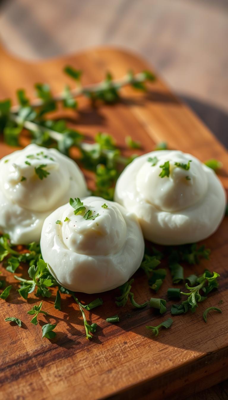Delicate, fluffy cloud-like eggs with a creamy, tangy goat cheese topping, glistening under the warm glow of soft natural lighting. A rustic wooden board serves as the canvas, the eggs resting atop a bed of freshly chopped herbs, their vibrant hues contrasting with the muted tones of the setting. The composition is simple yet elegant, capturing the essence of a homemade, high-quality breakfast dish. The image exudes a sense of comfort and culinary delight, inviting the viewer to savor each bite of this mouthwatering creation.