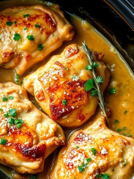 Slow Cooker Garlic Parmesan Chicken Thighs: Succulent chicken thighs simmering in a rich, creamy garlic Parmesan sauce, tender and juicy, garnished with fresh parsley. Soft, golden-brown skin crisps up as the thighs cook to perfection, releasing a heavenly aroma. The scene is set in a rustic, country-style kitchen, with wooden surfaces and a cast iron slow cooker taking center stage, bathed in warm, natural lighting. A sprig of fresh thyme and a sprinkle of grated Parmesan add the final touches to this mouthwatering dish.