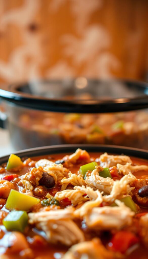 A cozy and comforting slow cooker chicken chili, brimming with tender shredded chicken, vibrant bell peppers, and a rich, spicy tomato-based broth. The foreground showcases the chili's thick, chunky texture, with pieces of chicken and beans peeking through. In the middle ground, a background of simmering chili bubbles in the slow cooker, its steam rising gently. The warm, earthy tones of the kitchen create a soothing, homey atmosphere, with soft lighting casting a gentle glow over the scene. The overall impression is one of a hearty, homemade dish, perfect for a comforting meal on a chilly day. A cozy and comforting slow cooker chicken chili, brimming with tender shredded chicken, vibrant bell peppers, and a rich, spicy tomato-based broth. The foreground showcases the chili's thick, chunky texture, with pieces of chicken and beans peeking through. In the middle ground, a background of simmering chili bubbles in the slow cooker, its steam rising gently. The warm, earthy tones of the kitchen create a soothing, homey atmosphere, with soft lighting casting a gentle glow over the scene. The overall impression is one of a hearty, homemade dish, perfect for a comforting meal on a chilly day.