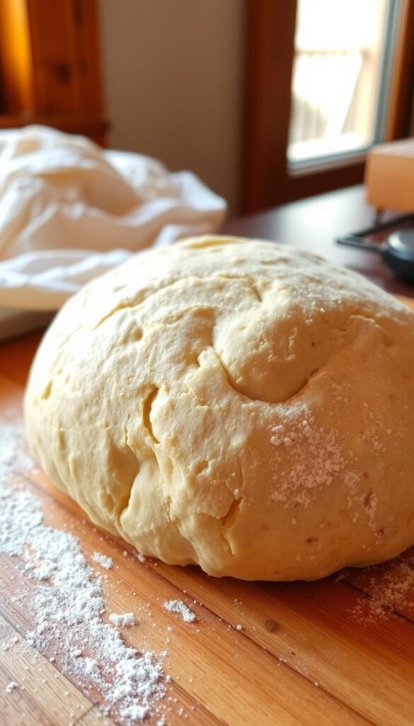 A freshly kneaded mound of whole wheat pizza dough, its golden-brown surface dusted with a light coating of flour. The dough rests on a wooden cutting board, the rich grain of the wood visible through the translucent dough. Soft, pliable, and ready to be stretched and shaped into a perfect pizza crust. Warm, natural lighting from a nearby window casts a gentle glow, highlighting the subtle variations in the dough's texture. The scene evokes the comforting aroma of freshly baked bread, inviting the viewer to imagine the flavorful possibilities of this versatile, wholesome dough.