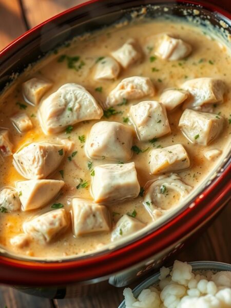 A glistening slow cooker on a rustic wooden table, filled with a creamy, ranch-infused chicken stew. Tender chunks of white meat chicken, simmered in a rich, velvety sauce, accented by flecks of fresh herbs. The aroma of garlic, onions, and a hint of peppery spice wafts through the air, creating a cozy, comforting atmosphere. Soft, pillowy mashed potatoes or fluffy rice await, ready to soak up the delectable sauce. Warm, golden lighting casts a soothing glow, inviting the viewer to dive into this hearty, soul-nourishing dish.
