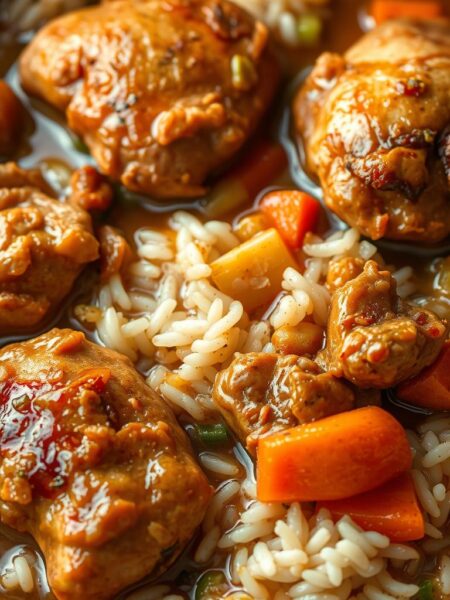 A hearty slow-cooked chicken and rice dish, featuring tender chicken thighs simmered in a flavorful broth with aromatic vegetables like onions, carrots, and celery. The rice is cooked directly in the savory liquid, absorbing all the rich flavors. Warm lighting casts a comforting glow, highlighting the inviting textures and colors - the golden-brown chicken, the fluffy white rice, the vibrant vegetal accents. A classic, homey scene captured in a high-resolution, photorealistic style with a shallow depth of field, drawing the viewer's eye to the delectable central dish.