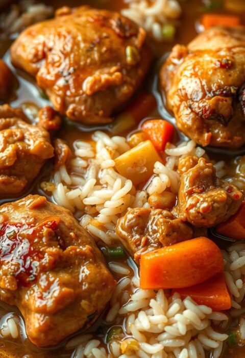A hearty slow-cooked chicken and rice dish, featuring tender chicken thighs simmered in a flavorful broth with aromatic vegetables like onions, carrots, and celery. The rice is cooked directly in the savory liquid, absorbing all the rich flavors. Warm lighting casts a comforting glow, highlighting the inviting textures and colors - the golden-brown chicken, the fluffy white rice, the vibrant vegetal accents. A classic, homey scene captured in a high-resolution, photorealistic style with a shallow depth of field, drawing the viewer's eye to the delectable central dish.