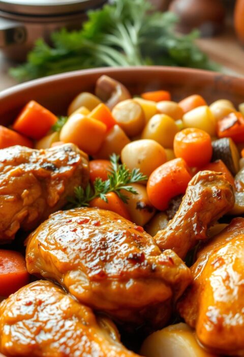A mouthwatering slow-cooked chicken dish nestled among a vibrant medley of fresh vegetables. In the foreground, tender chicken thighs simmered to perfection, their golden-brown skin glistening under soft, natural lighting. In the middle ground, a hearty blend of carrots, potatoes, onions, and celery, their colors popping against the rustic earthenware pot. In the background, a cozy kitchen scene, with warm wooden tones and a hint of steam rising from the simmering dish. The scene evokes a comforting, homemade atmosphere, perfect for a satisfying and nourishing meal on a busy day.