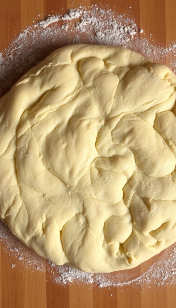 A perfectly round, golden-brown pizza dough with a soft, airy interior and a delicate, chewy crust. The dough is dusted with a light coating of fine flour, creating a subtle texture. Captured in a warm, natural lighting that accentuates the dough's supple structure and subtle sheen. Photographed from an overhead angle, showcasing the dough's authenticity and the process of hand-stretching it into a classic Neapolitan pizza shape. The image exudes the comforting aromas and rustic charm of an authentic Italian kitchen, inviting the viewer to imagine the delicious pizza that will soon emerge from the oven.