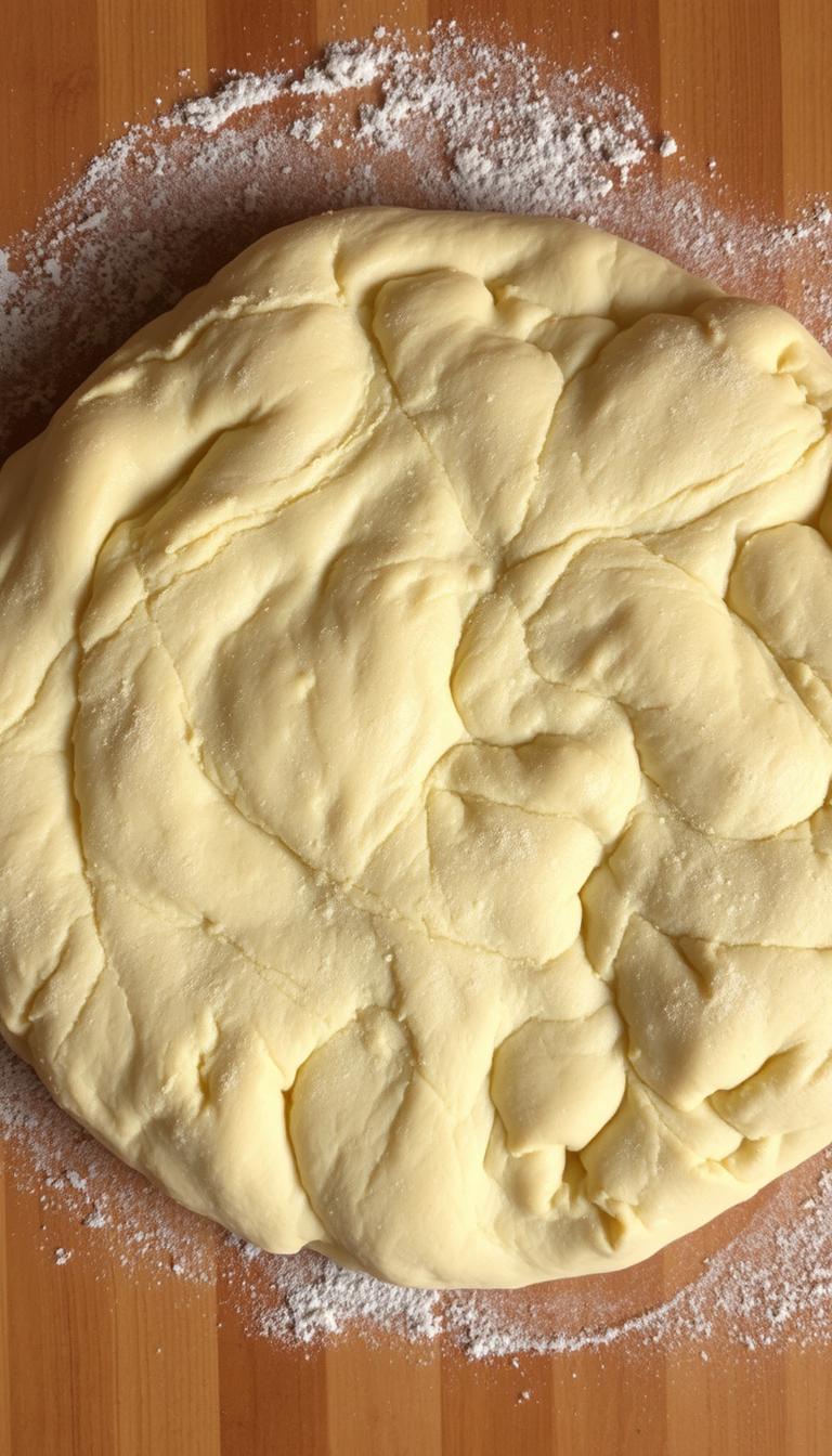 A perfectly round, golden-brown pizza dough with a soft, airy interior and a delicate, chewy crust. The dough is dusted with a light coating of fine flour, creating a subtle texture. Captured in a warm, natural lighting that accentuates the dough's supple structure and subtle sheen. Photographed from an overhead angle, showcasing the dough's authenticity and the process of hand-stretching it into a classic Neapolitan pizza shape. The image exudes the comforting aromas and rustic charm of an authentic Italian kitchen, inviting the viewer to imagine the delicious pizza that will soon emerge from the oven.