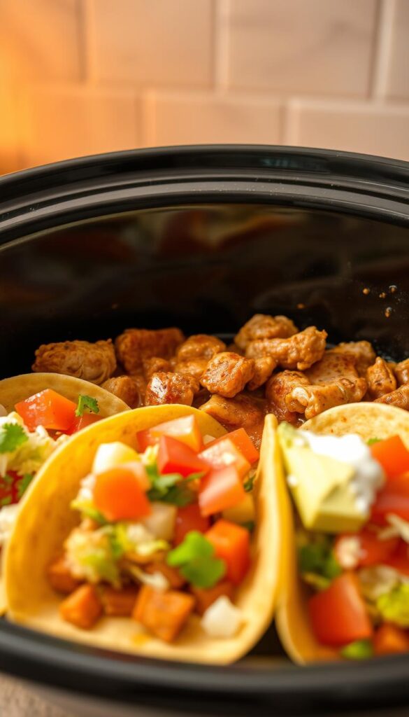 A slow cooker filled with succulent chicken, simmered in a blend of spices, nestled atop a bed of crisp taco shells. Bright, fresh toppings including diced tomatoes, shredded lettuce, and a dollop of creamy avocado adorn the tacos, creating a vibrant and appetizing scene. Warm, indirect lighting casts a cozy glow, highlighting the textures and colors of the dish. The camera captures the scene from a low angle, emphasizing the hearty, homemade quality of the slow cooker chicken tacos. A slow cooker filled with succulent chicken, simmered in a blend of spices, nestled atop a bed of crisp taco shells. Bright, fresh toppings including diced tomatoes, shredded lettuce, and a dollop of creamy avocado adorn the tacos, creating a vibrant and appetizing scene. Warm, indirect lighting casts a cozy glow, highlighting the textures and colors of the dish. The camera captures the scene from a low angle, emphasizing the hearty, homemade quality of the slow cooker chicken tacos.