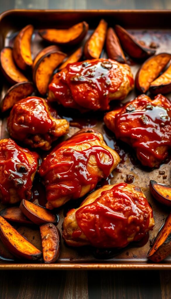 Sheet Pan BBQ Chicken with Sweet Potatoes Sheet Pan BBQ Chicken with Sweet Potatoes